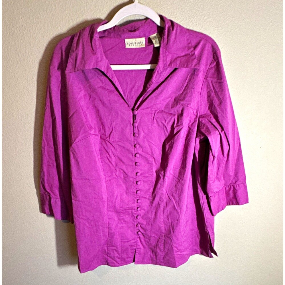 Apostrophe Women’s Blouse 16W Purple Stretch Solid Collared Button-Up 3/4